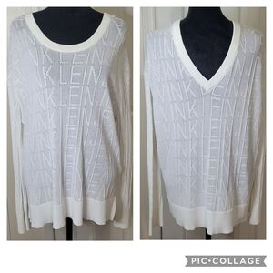 Calvin Klein Woman's Logo Back V-neck Oversized Sweater Top White Size XL